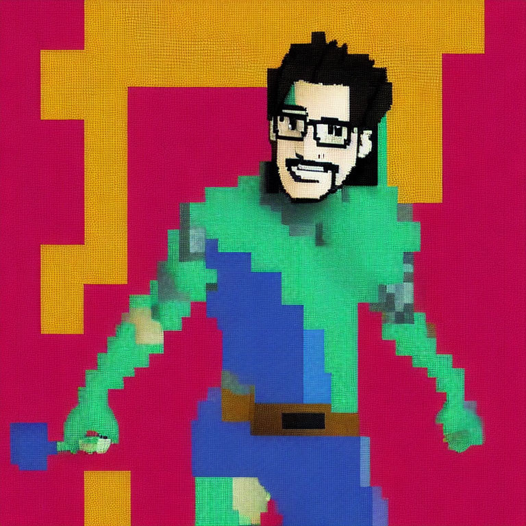 Pixelated image of person with glasses and beard in green and blue attire on pink and yellow backdrop