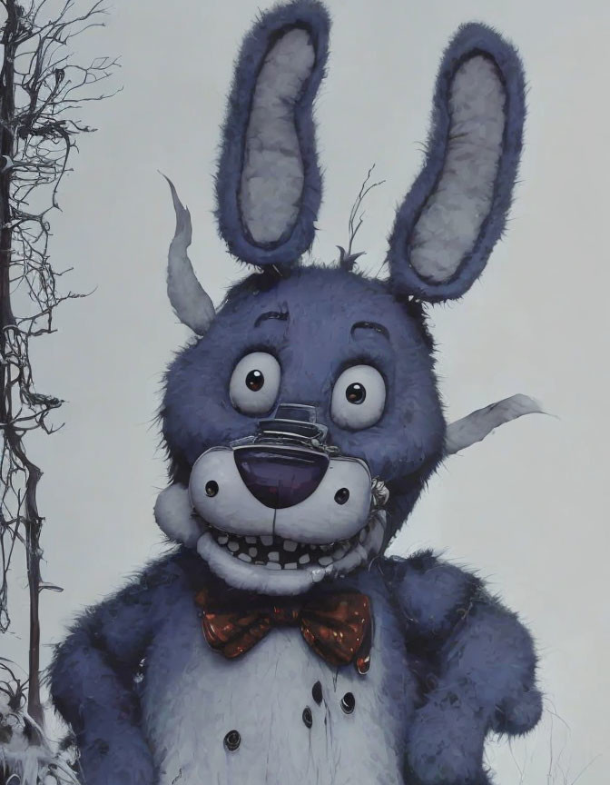 Fuzzy Blue Animatronic Rabbit in Winter Scene