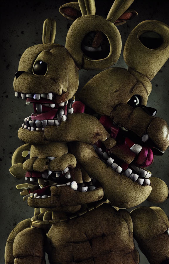 Intimidating multi-headed animatronic rabbit with sharp teeth on dark textured background