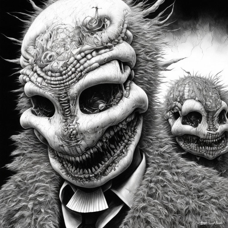 Monochrome surreal creature with skull-like face and sharp teeth wearing a suit