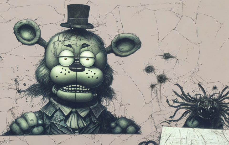 Sinister anthropomorphic bear with top hat in cracked background