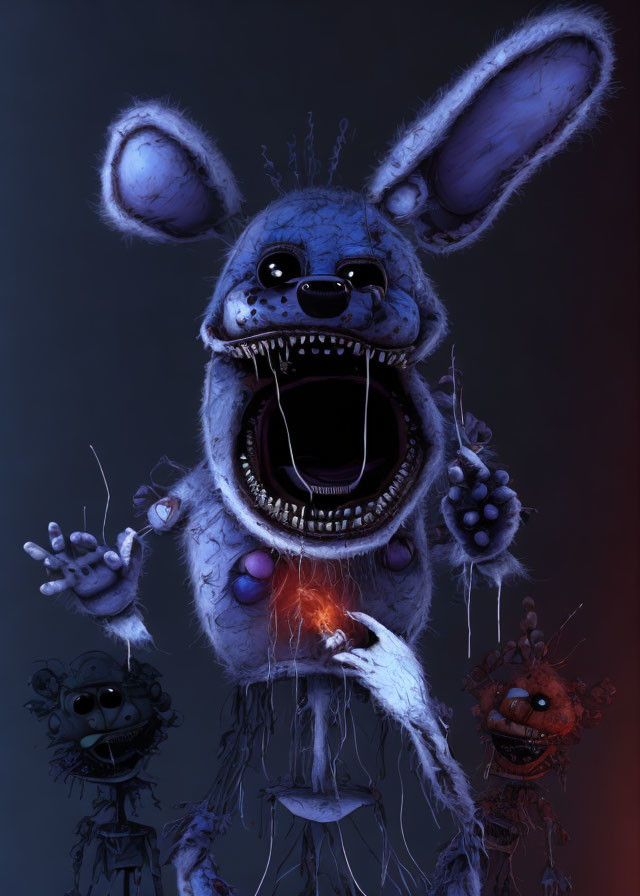 Sinister rabbit-like creature with glowing eyes and eerie puppet companions