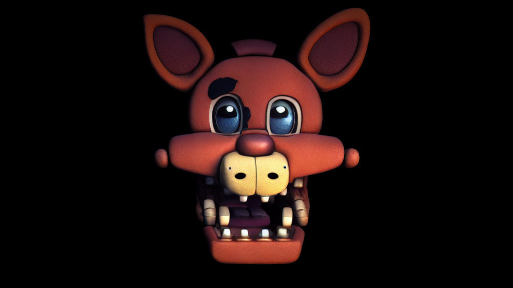 3D rendering of brown bear animatronic with large ears and blue eyes