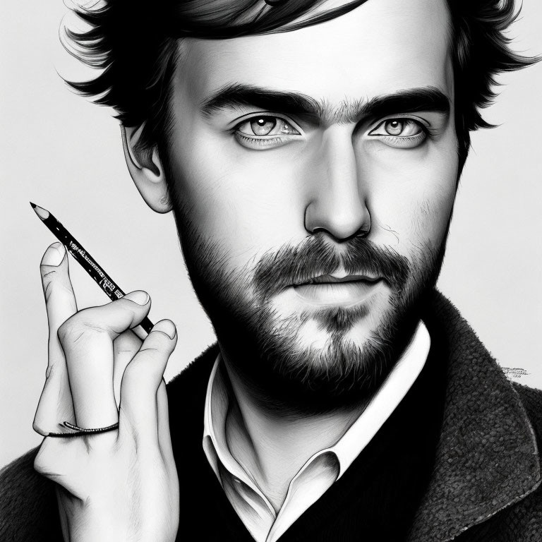 Monochrome portrait of a man with piercing eyes and stubble holding a pencil and a ring