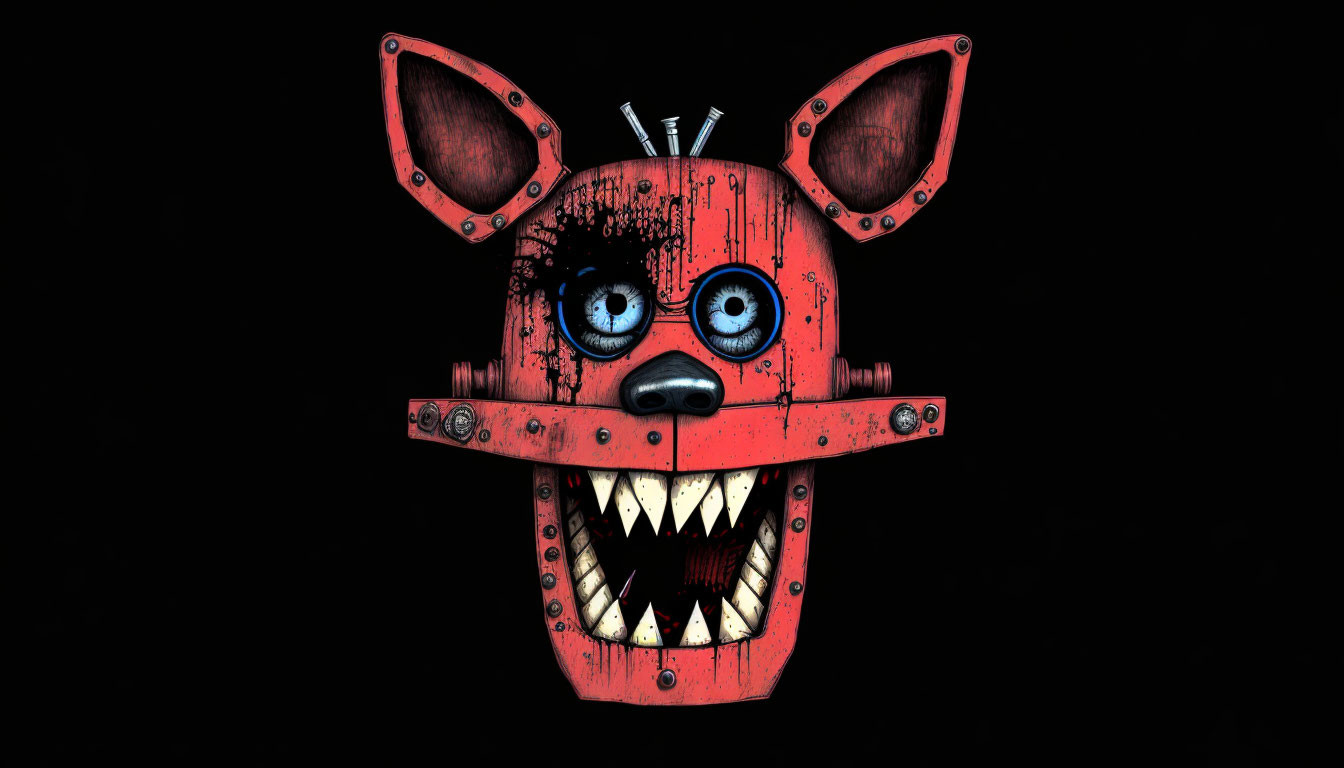 Menacing robotic fox head with sharp teeth, blue eyes, and red fur