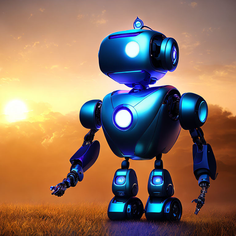 Blue Friendly Robot Standing in Sunset Field