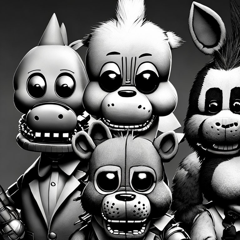 Monochrome image: Animated anthropomorphic animals with mechanical features