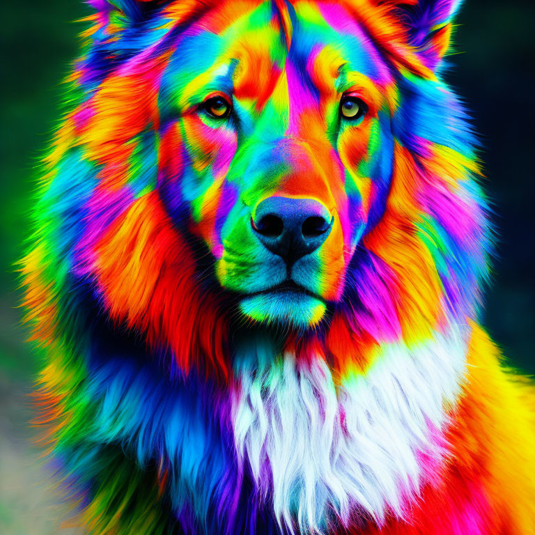 Colorful Rainbow-Hued Wolf Portrait