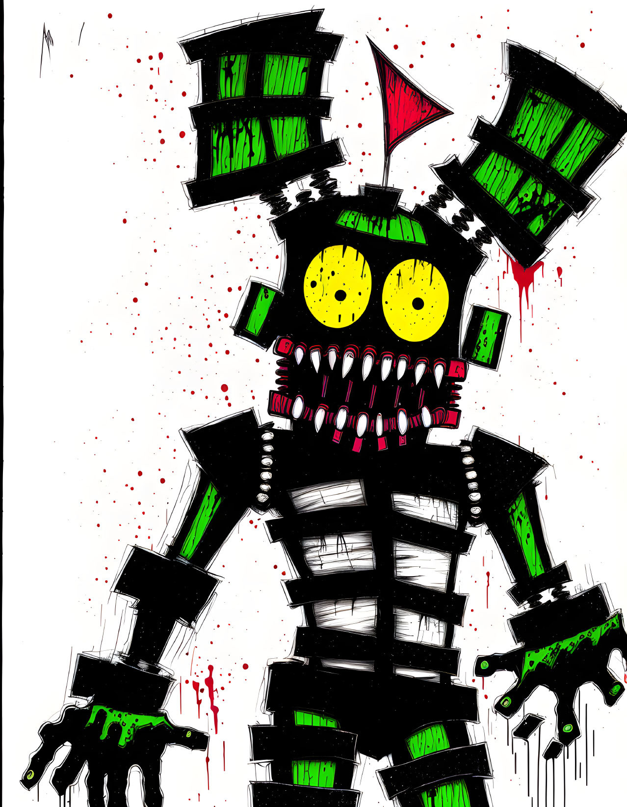 Colorful Robot Artwork with Yellow Eyes and Green Limbs on Splattered Background