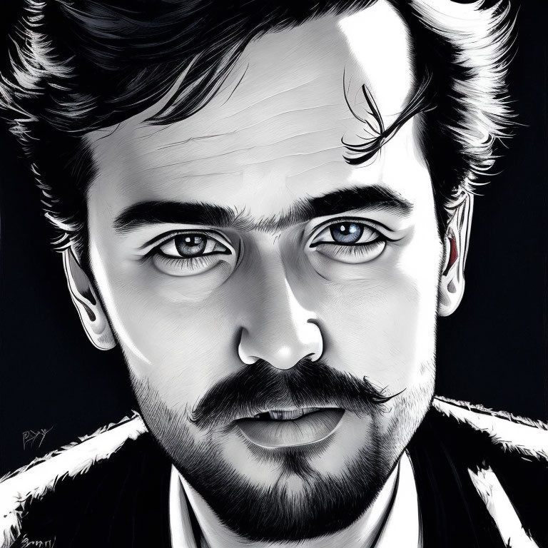 Monochrome digital portrait of a man with intense eyes and stubble