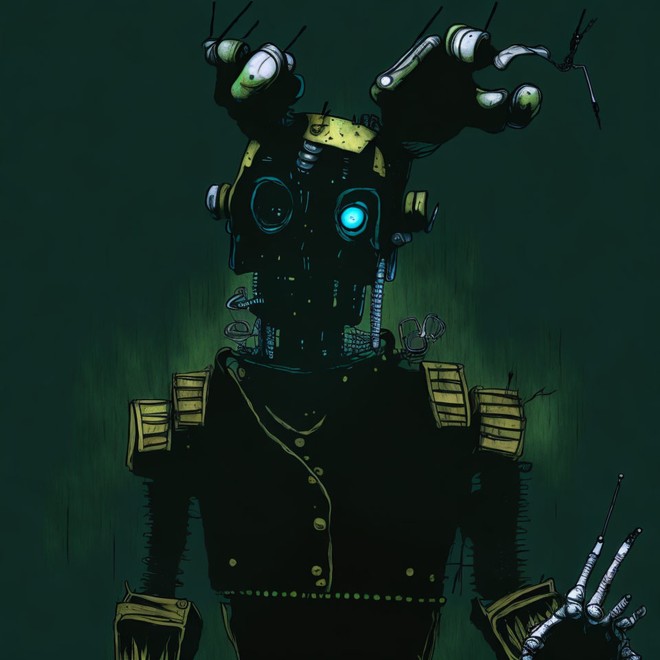 Stylized humanoid robot with multiple eye stalks on green background