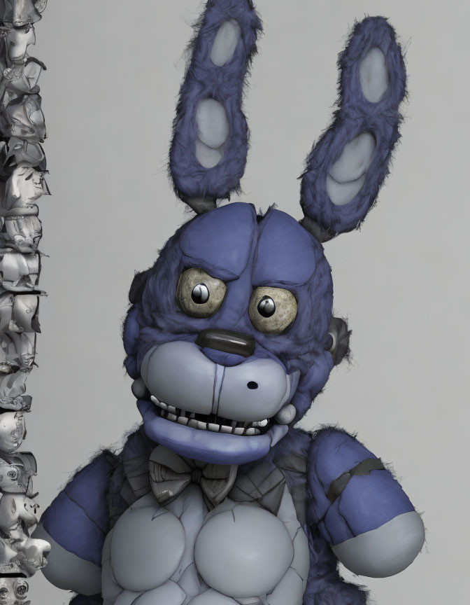 Sinister blue robotic bunny with glossy eyes and exposed mechanics