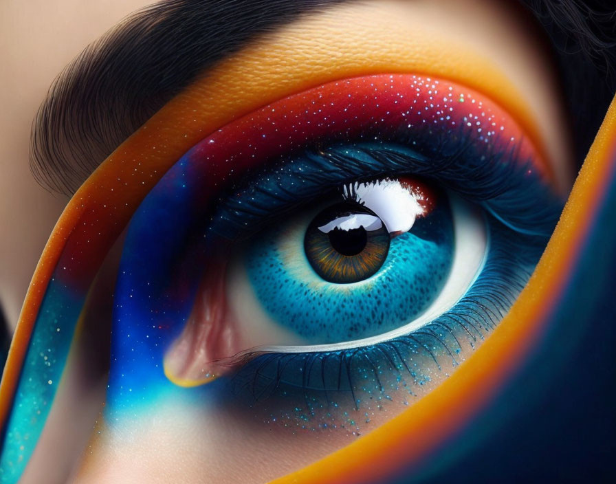 Vibrant eye makeup with galaxy-inspired colors and stars