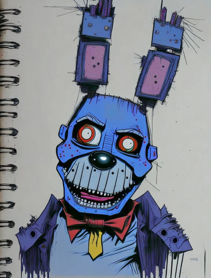 Robotic blue dog illustration with red eyes and bow tie