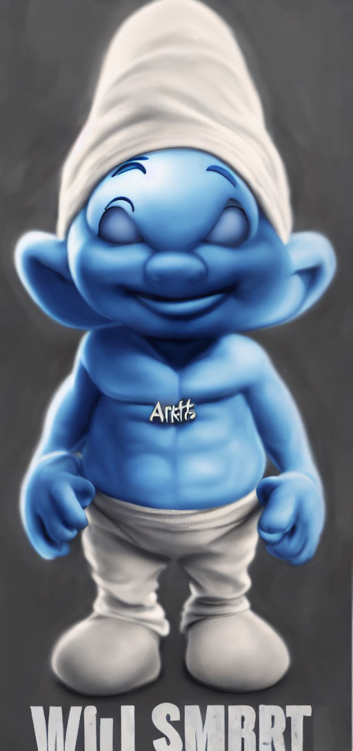 Stylized Smurf character with exaggerated features on dark background