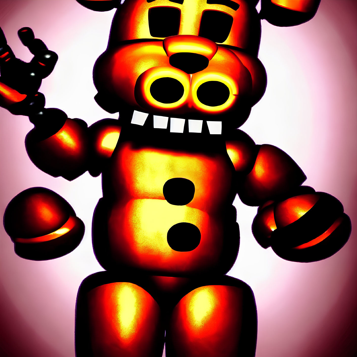 Shiny golden animatronic bear with glowing eyes on pink background