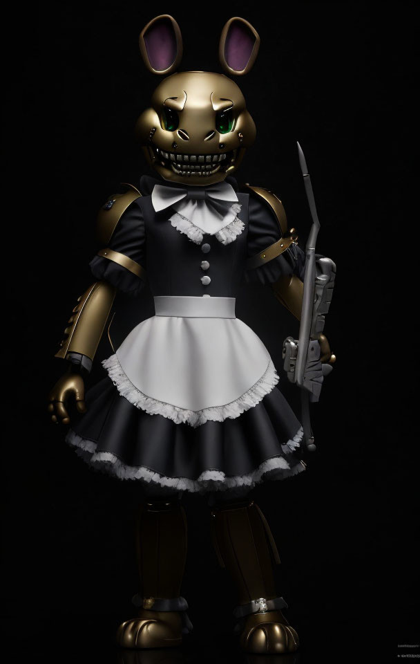 Menacing rabbit robot in maid outfit with gold-accented arms and knife