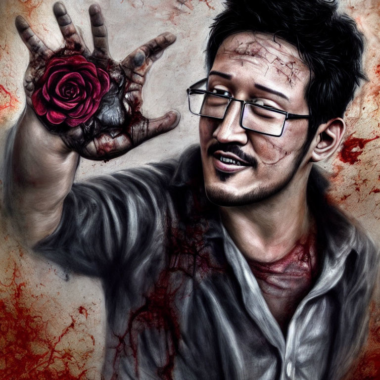 Man with bloodstains holding red rose, wearing glasses