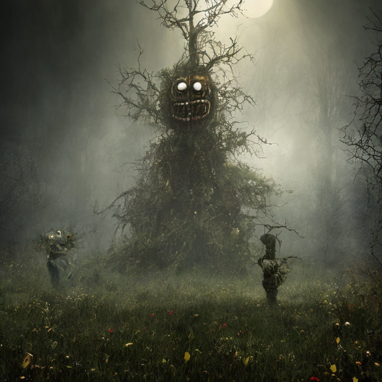 Eerie forest scene with glowing-eyed tree and animated creatures