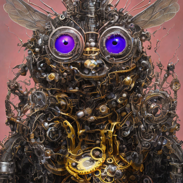 Intricate Steampunk Creature with Purple-Eyed Goggles