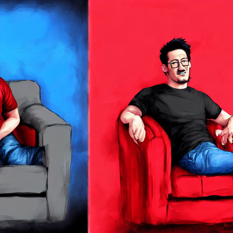 Split image: Empty blue couch vs. man on red couch wearing glasses