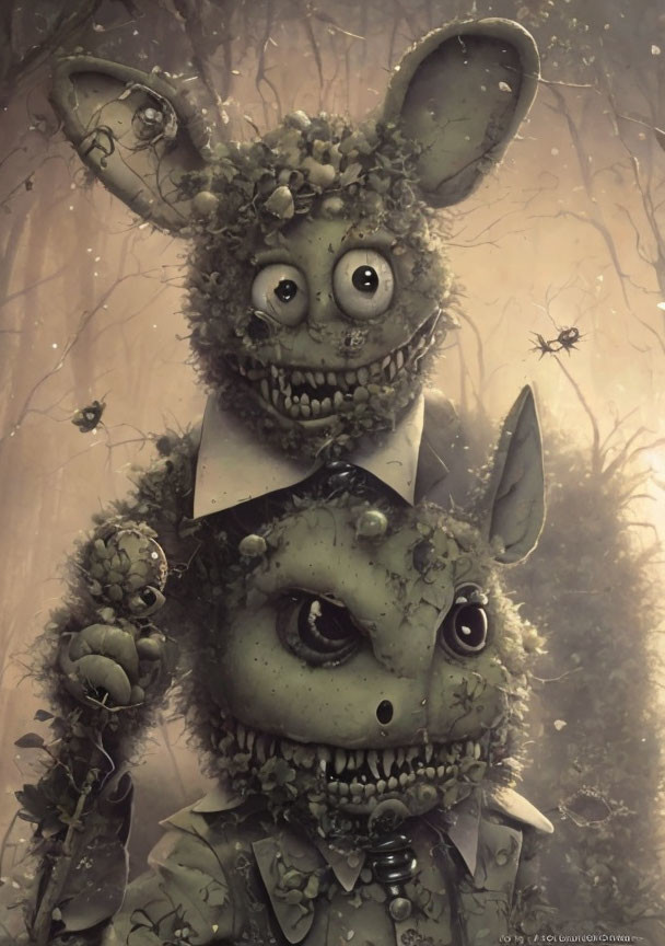 Moss-Covered Creatures with Rabbit Ears in Forest Setting