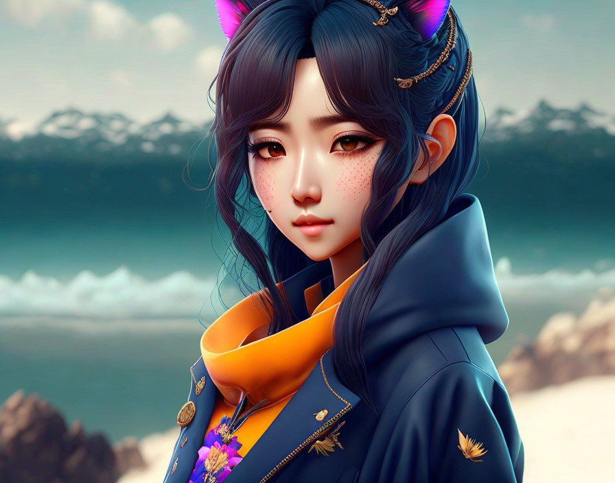 Illustrated character with blue hair and cat ears in floral coat against mountain backdrop