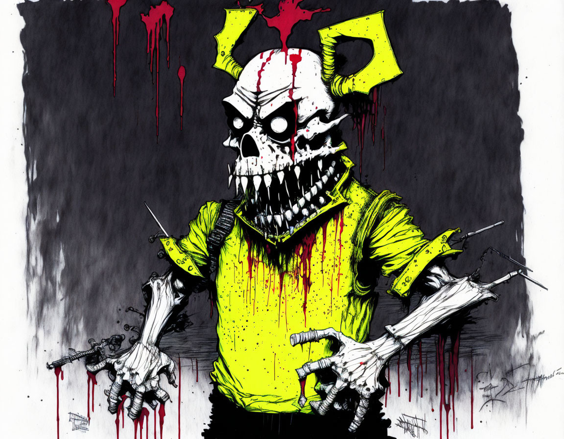 Skeletal figure with menacing expression and yellow shirt, red splatter background