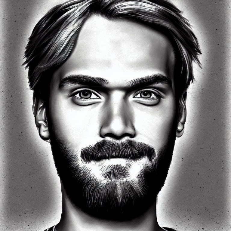 Monochrome digital portrait of a bearded young man with intense gaze