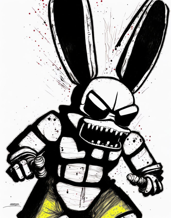 Aggressive bunny illustration in armor with weapon, red ink splatter background