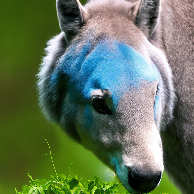 Close-Up of Animal with Striking Blue Face Pattern on Green Background