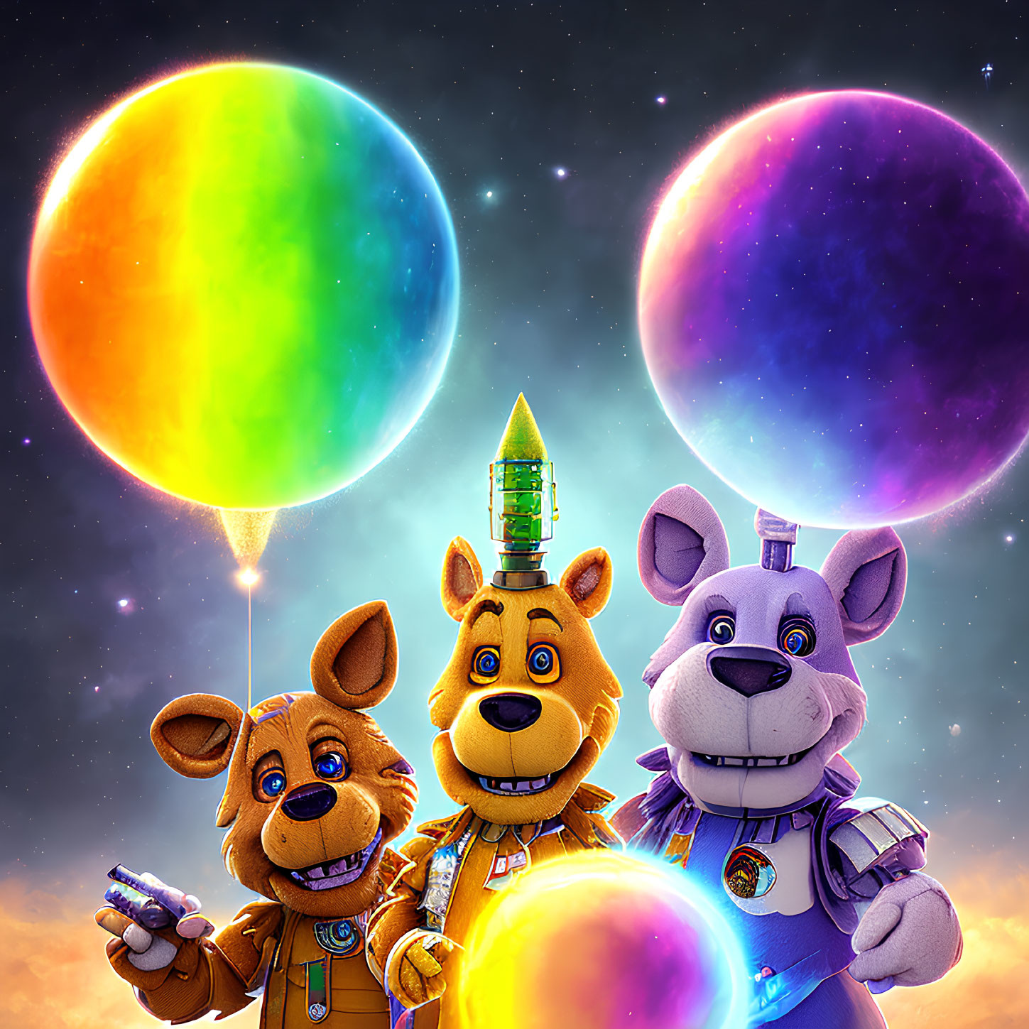 Three animated space-themed animal characters in space suits against a cosmic background with colorful planets.