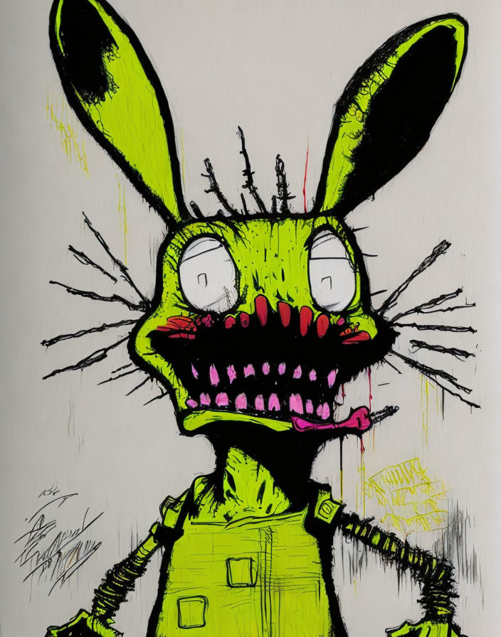 Grotesque cartoonish rabbit painting with large eyes and sharp teeth