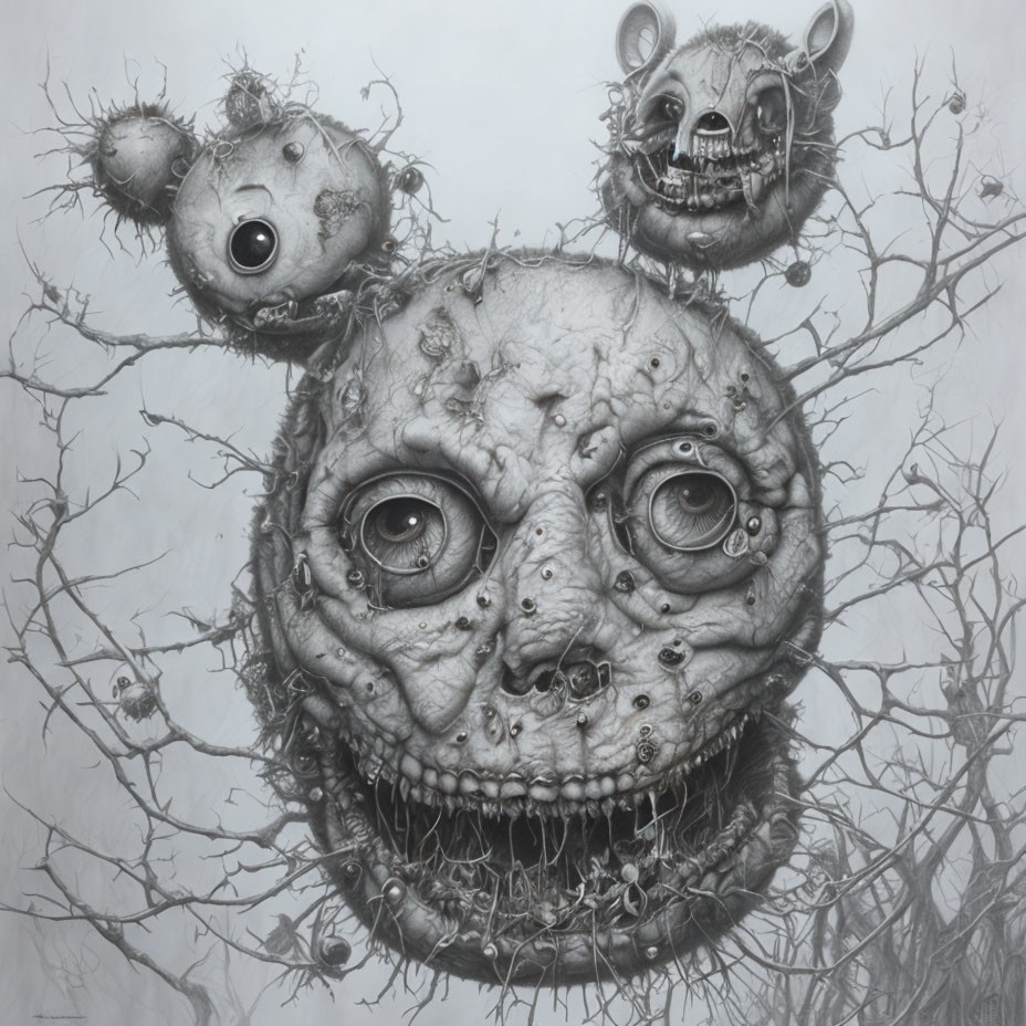 Monochromatic surreal drawing of grotesque faces with mechanical parts and stitches