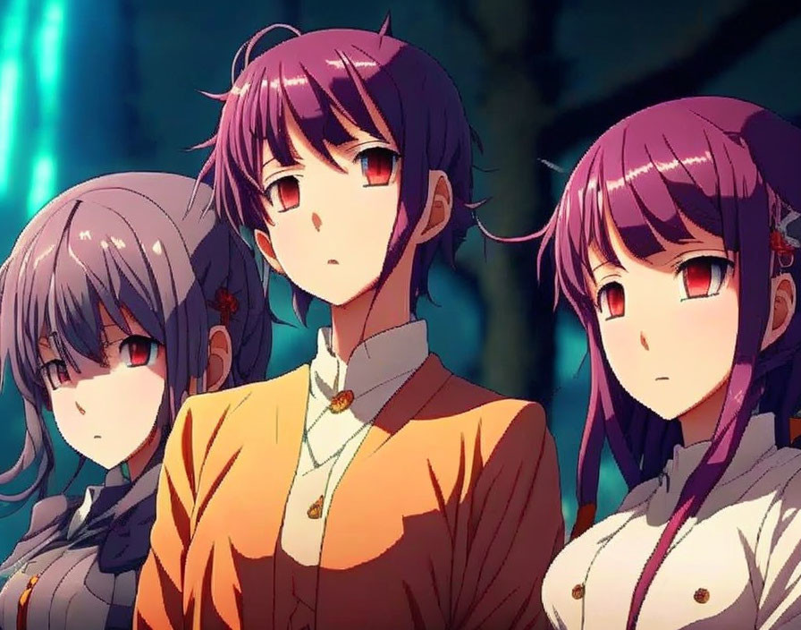 Three Anime Characters with Purple Hair and Expressive Eyes Standing Together