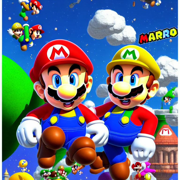 Animated characters in red hats and overalls with "M" emblem on vibrant backdrop.