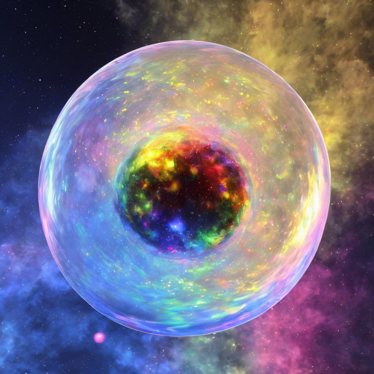 Colorful cosmic bubble in space with rainbow hues on starry nebula.