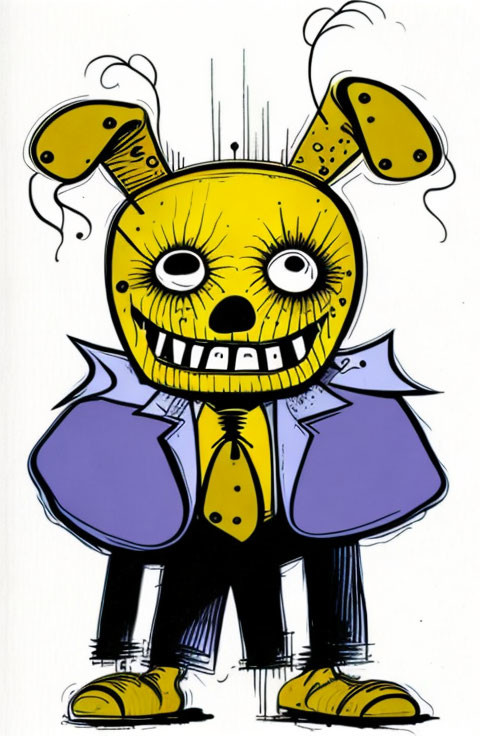 Cartoonish character with oversized yellow face and purple attire