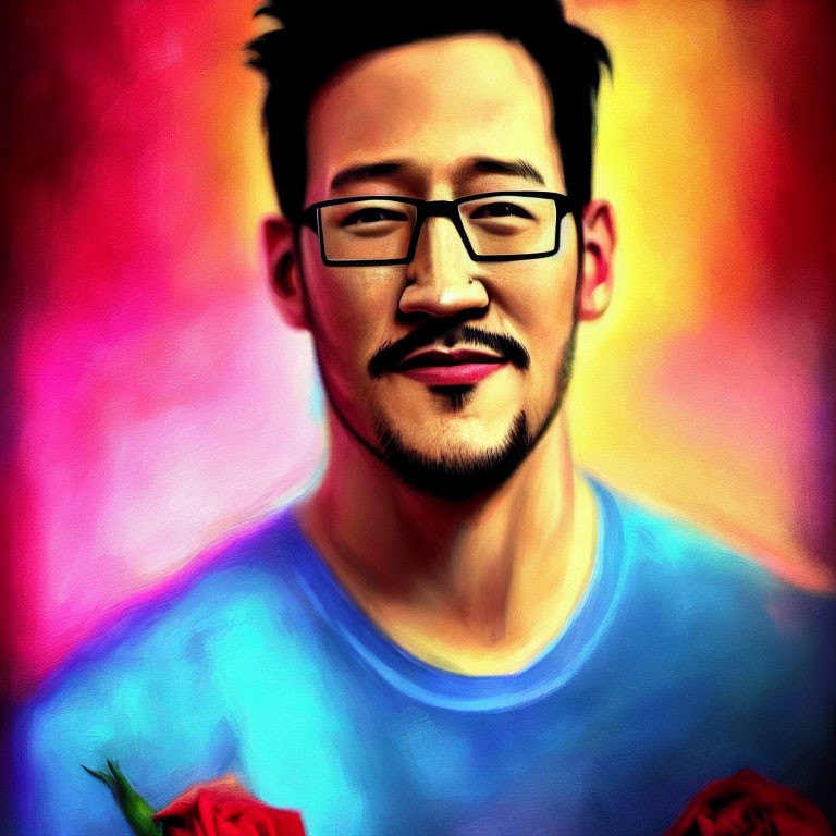 Stylized portrait of a man with glasses and beard on colorful background holding a rose