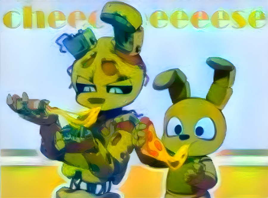 Springtrap and Plushtrap eating pizza