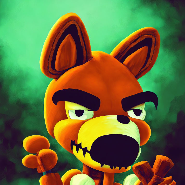 Angry orange fox with fingerless gloves on green background