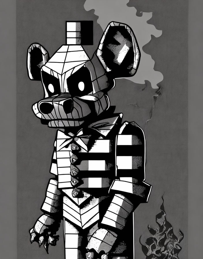 Black and white robotic mouse in checkered outfit with bow tie and cartoonish ears, with smoke background