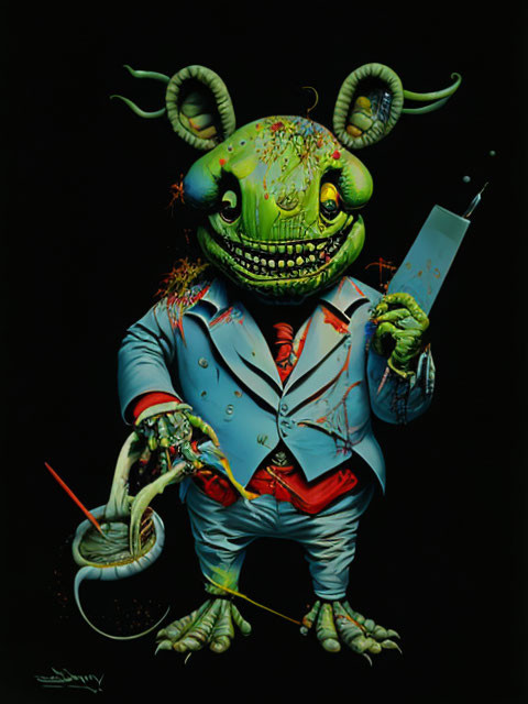 Anthropomorphic creature in suit with paintbrush and insects.