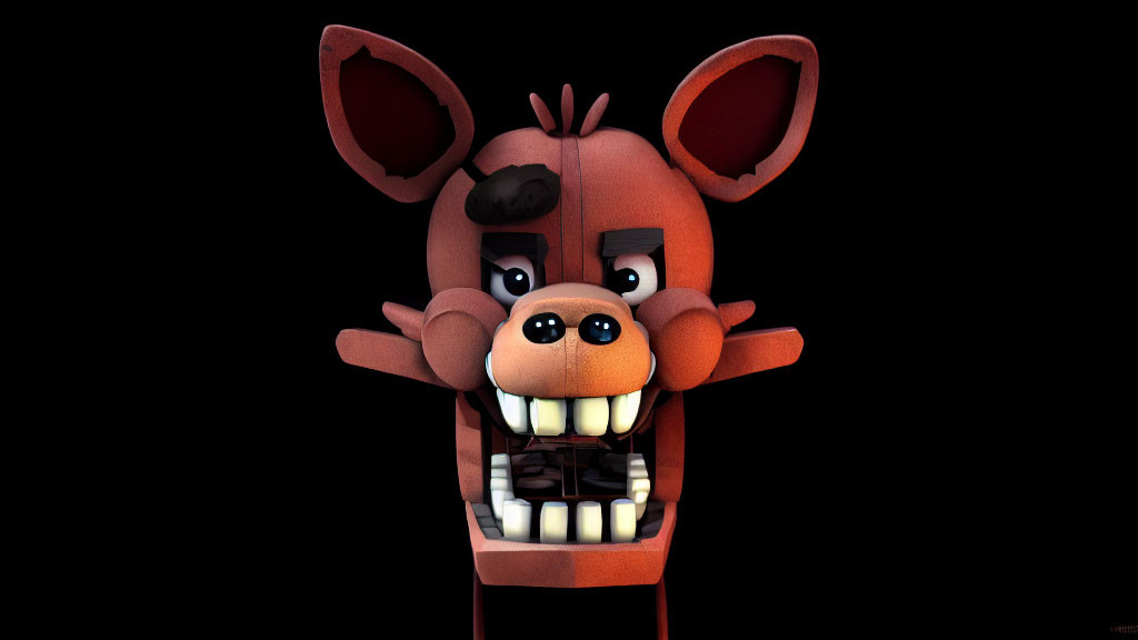 3D-rendered image of wide-eyed Freddy Fazbear on black background