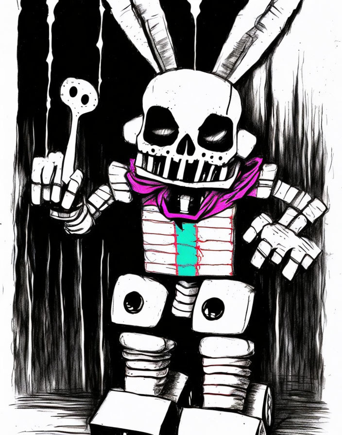 Monochrome skeletal figure with striped background and purple scarf.