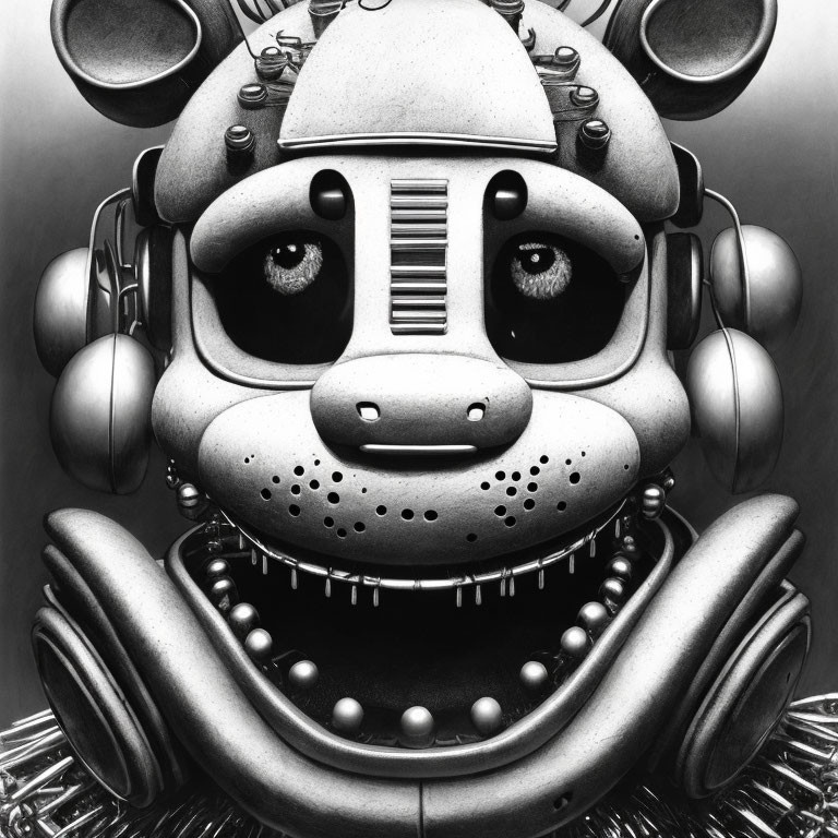 Mechanical bear-like character with large eyes and toothy grin