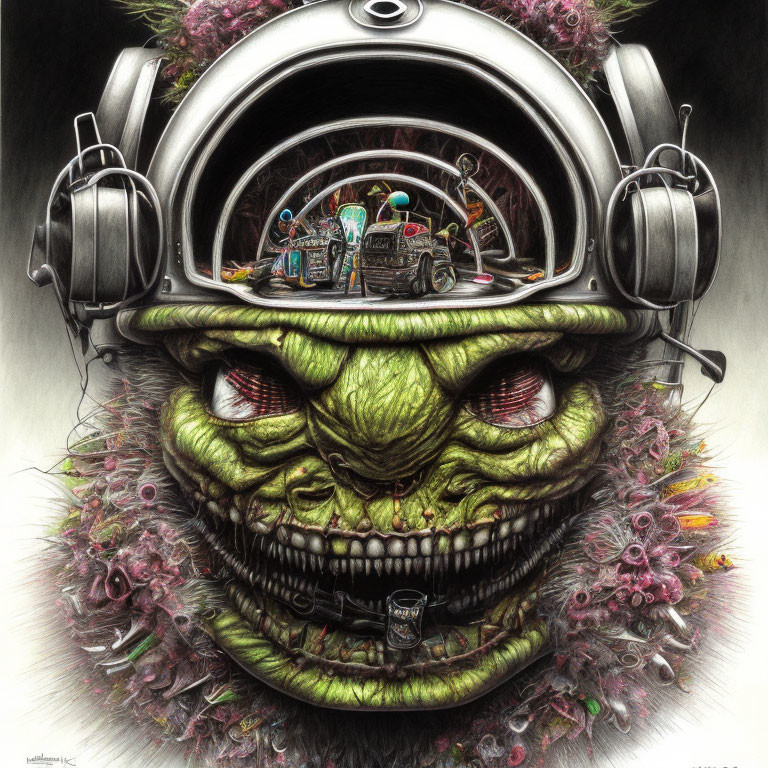 Detailed Drawing of Menacing Green Creature with Helmet and Street Scene in Mouth