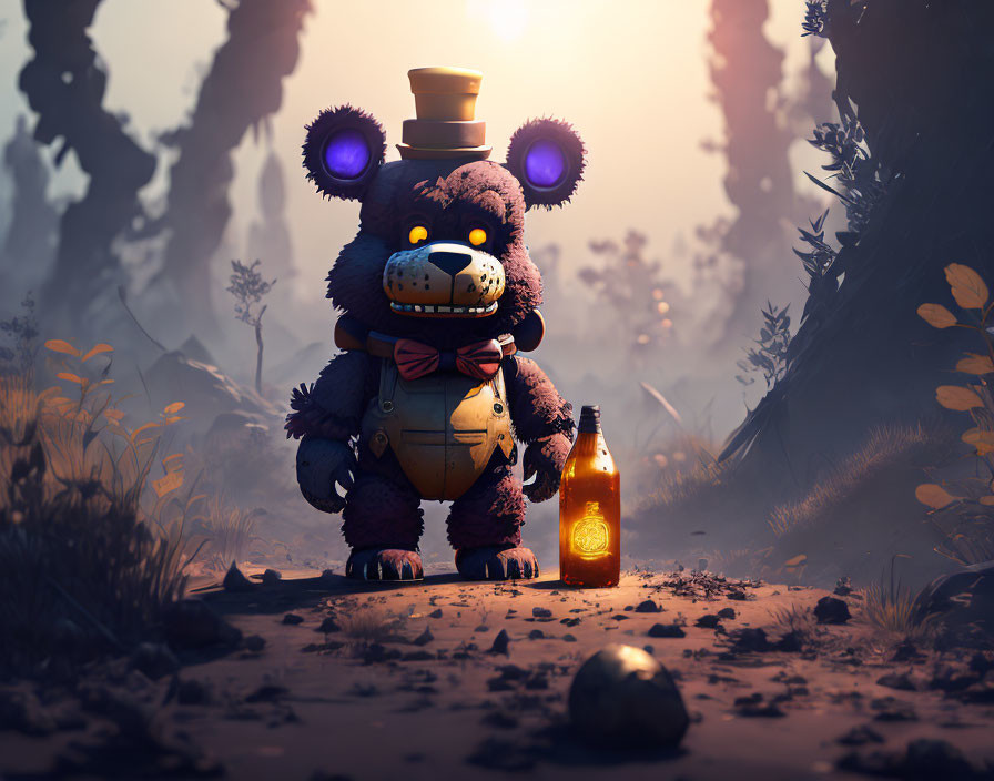 Robotic teddy bear with glowing purple eyes in dark forest with bottle