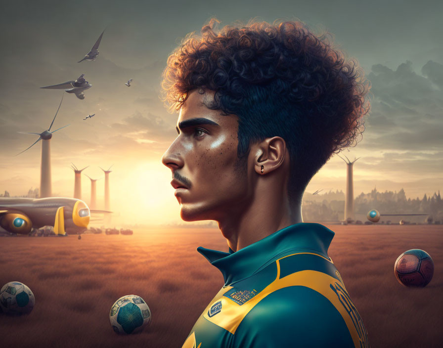 Curly-Haired Young Man Observing Wind Turbines, Drones, and Soccer Balls at