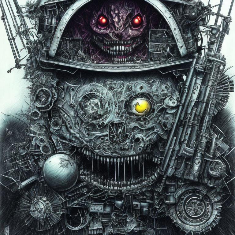 Detailed Monochrome Drawing: Mechanized Creature with Glowing Eye and Fanged Mouth